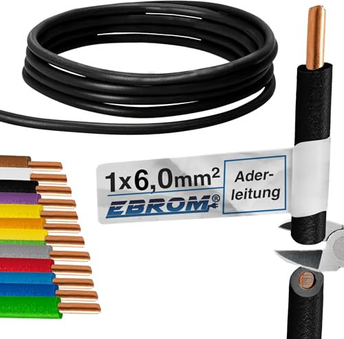 EBROM - 15 Meter Aderleitung eindrähtig - Einzelader - Verdrahtungsleitung starr - PVC Leitung - H07V-U 6mm2 | 6 mm² | 6 mm2 - Farbe: schwarz - Vollkupfer 99,9% OFC Kupfer - Länge: 15 Meter