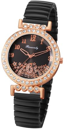 JewelryWe Damenuhr Elastisch Diamant Uhr: Glitzer Zirkonia Sterne Analog Quarz Armbanduhr Damen Schwarz Edelstahl Stretch-Armband Lässige Uhr mit Zugarmband & leicht ablesbarem Digitalskala