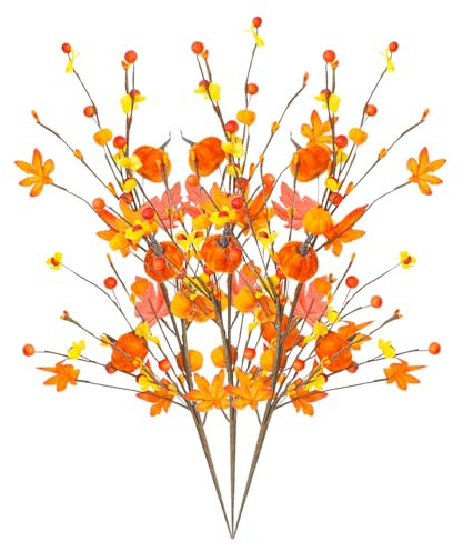 Herbstdeko Zweige Künstlich, Herbststrauß Künstlich mit Beeren, Ahornblätter, Kürbis, Herbst Kunstblumen für Vasen Blumenarrangement, Herbstblumen Zweige für Herbst Tischdeko, Erntedankfest Deko