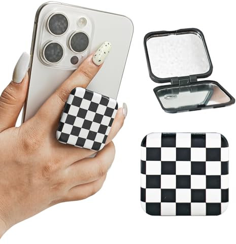 Black and White Checkerboard Mobile Phone Grip With Mirror, Universal Finger Holder and Stand, Airbag Accessory for Phones