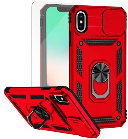 Teayoha for iPhone Xs Max Phone Case, with Screen Protectors and Camera Cover, Military Grade Shockproof Cover with Magnetic Rotatable Ring Kickstand Protective Case for iPhone Xs Max,Red