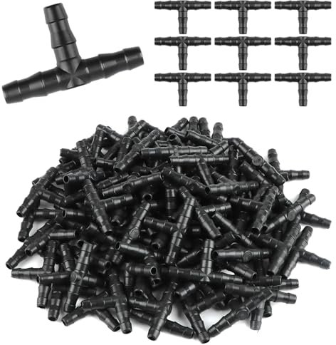 Rolcoassuns 200 raccords cannelés universels en T 1/4 pour irrigation goutte à goutte, connecteurs cannelés 1/4 pour système d'arrosage goutte à goutte avec tube de 4 mm/7 mm