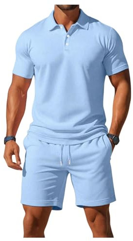 GORGLITTER Men's 2 Piece Outfits Button Collared Short Sleeve Golf Shirt Drawstring Shorts Set Tracksuit Light Blue Medium