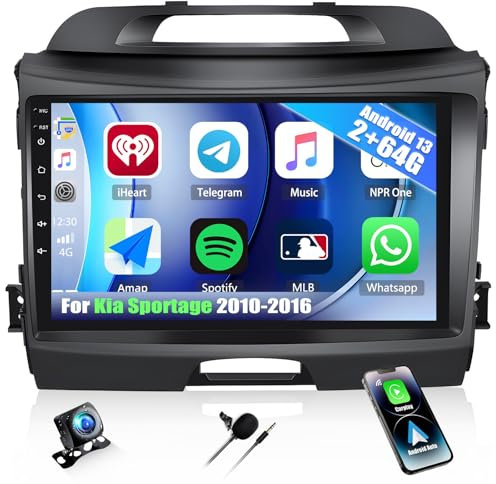 SIXTOP [2G+64G] Android 13 Autorradio con Bluetooth para Kia Sportage 2010-2016 con Carplay Android Auto, Radio con Pantalla táctil de 9 con GPS WiFi FM/RDS EQ Mirror Link+cámara Trasera&Micrófono