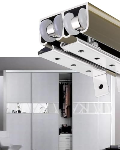 Minglez Kit Puerta Corredera Kit de Herrajes de Doble Riel para Puertas Corredizas de Granero, para Puertas de Armario/de Acceso, Riel de Madera para Puerta Corrediza de Dormitorio(46in/116.8cm)