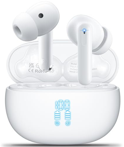 Cuffie Bluetooth, Auricolari Bluetooth Sport 5.3 con 4 Mic 42H Autonomia Mini Cuffiette Wireless ENC Cancellazione Rumore LED Display IP7 Impermeabili Touch Control HiFi Stereo,for iOS Android,Bianco