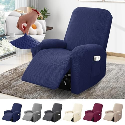 BOYIFEIJIE 1-Sitzer Sessel Überzug, Sesselbezuge Stretch mit Taschen, All-Inclusive Streifen-Jacquard Sesselschoner für Fernsehsessel Relaxsessel Sesselhusse (Blau, 4-Teilig)