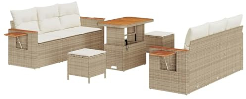 vidaXL 9-teiliges Garten-Sofa-Set mit Kissen, Outdoor-Möbel aus beigem Poly-Rattan, stylisches Akazienholz, modulares Design für 5 Personen, Sitzgelegenheit für Terrasse, Deck und Moderne Lounge