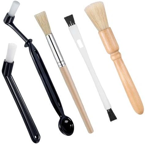 Verazquy 5Pcs Coffee Machine Cleaning Brush Set – Wooden Handle Soft Bristles, Espresso Grinder Cleaning with Spoon Thin Pipe Cleaners Straw Elbow Brush for Group Head Steam Wand