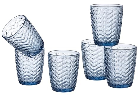 Baroni Home Set 6 pz Bicchieri Wave in Vetro Colorati e Decorati con Righe in Rilievo 30 CL, Bicchieri Eleganti Lavabili in Lavastoviglie, 8x8x9,5 cm Blu