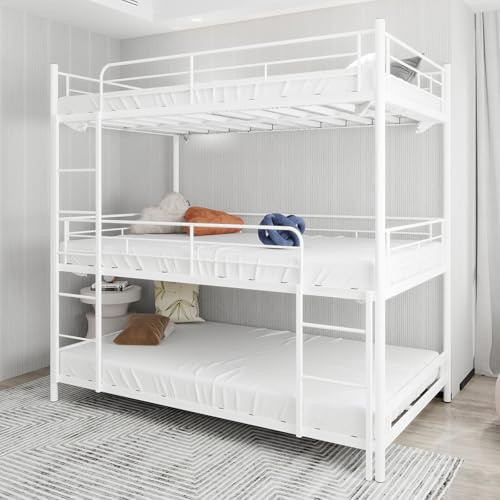 Arhatreya Letto a castello a tre piani, 90 x 190 cm, letto con scaletta, letto in metallo con ringhiera, letto per bambini/adolescenti/adulti, camera da letto/dormitorio (senza materasso) bianco