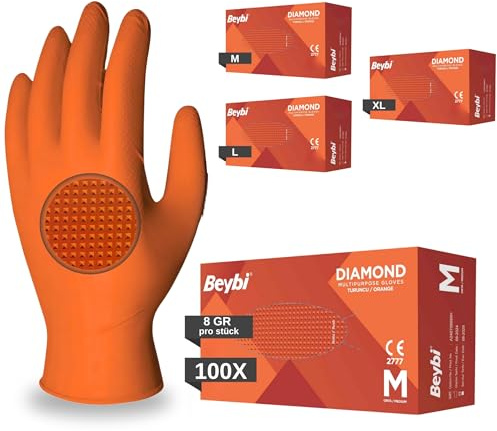 BEYBİ®️ Einweghandschuhe Diamant Grip, 100 St/Box, Schwarz,Orange, Einmalhandschuhe Extra Stark, Nitrilhandschuhe Gr. XL 3x Dicker, Handschuhe Einweg, M,L,XL (Orange, XL)