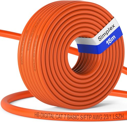 HB-DIGITAL 15m CAT 7 Netzwerkkabel Simplex - Orange | LAN Kabel Verlegekabel, Ethernet Installationskabel, AWG23 10 Gbit/s, S/FTP LSZH BauPVO Eca, Datenkabel Simplex