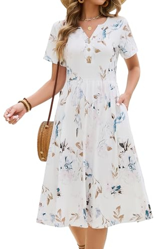 CMTOP Robe Femme Ete Chic et Elegant Col en V Fleurie Robe Mi Longue Décontractée Manches Courtes Boutons Genou Légère Robe Style Taille Empire avec Poches (Fleurs Blanches, M)