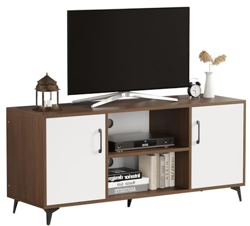 Rainbow Tree TV Cabinet 120cm Wooden for Living Room Bedroom, TV Stand Unit with 2 Doors & 2-Tier Shelf for Small Space Corner, Entertainment Media Center (Brown+White, 2 Door&2 Shelf: 120×38×53cm)