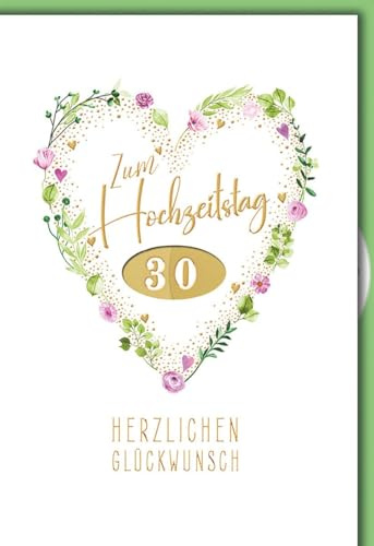Hochzeitstagskarte für Paare Romantisch - 30 Jahre - Herz aus Blumenranken mit Goldakzenten und Zahlendetail - Klappkarte mit Umschlag