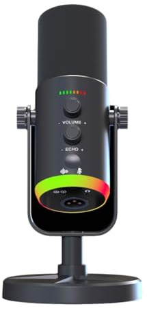 Kueohse Microphone RGB Microphone USB/XLR Microphone Dynamique avec Réduction du Bruit, Muet, Prise Casque pour Le Podcast de Streaming de Joueur Noir