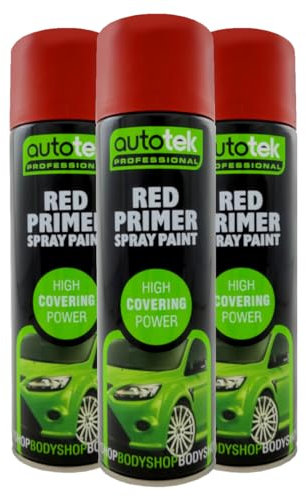 RED PRIMER (PACK OF 3) Autotek 500ml Acrylic Spray paint High Build for Metal, Plastic,