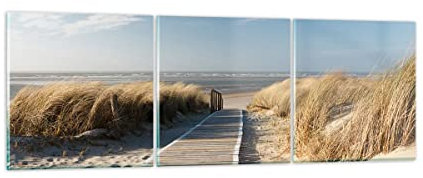 Mehrteilige Bilder auf Glas Strand Meer Fußgängerbrücke Ufer Glasbild 90x30cm Wandbilder Dekoration Wohnzimmer Schlafzimmer Küche Set 3 teilige Klein Wanddeko Wand Kunstdruck Art Modern GCA90x30-2657