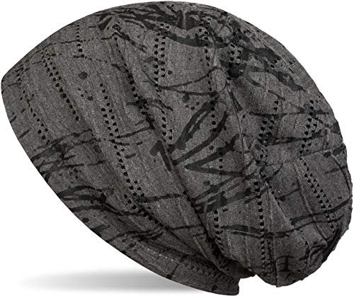 styleBREAKER Vintage Beanie Mütze im Destroyed Used Look, Splat Style, Kleckse, Striche, kleine Löcher und Falten, Slouch Longbeanie, Unisex 04024104, Farbe:Dunkelgrau
