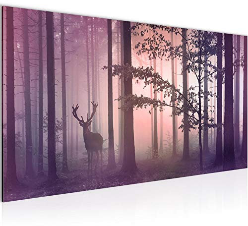 Runa Art Wandbild Wald Hirsch 1 Teilig 100 x 40 cm Modern Bild auf Vlies Leinwand Nebel Schlafzimmer Wohnzimmer Rosa 013412b