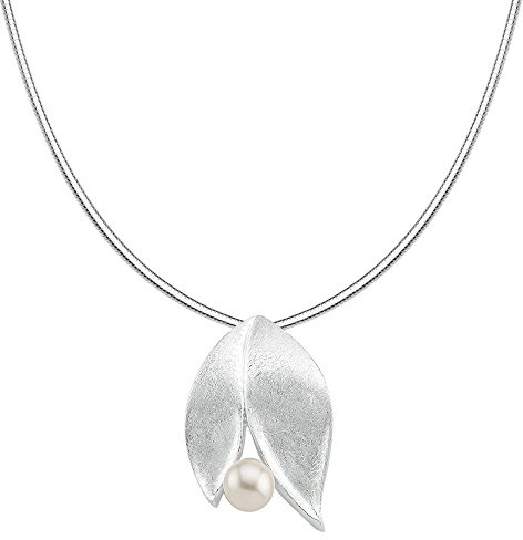 Vinani Anhänger 2 Blätter mit Süßwasserzuchtperle elegant gebürstet mit Schlangenkette 50 cm Sterling Silber 925 Kette Italien Natur Perle 2ABE-S50