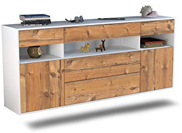 Dekati Sideboard Inglewood hängend (180x77x35cm) Korpus Weiss matt - Front Holz-Design Pinie - Push to Open - Leichtlaufschienen