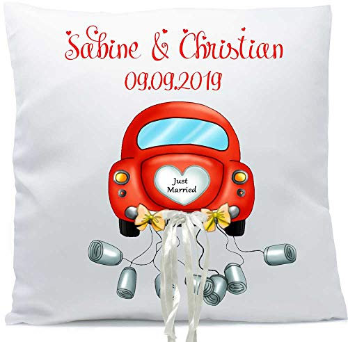 Kissen glänzend Geldgeschenk Hochzeit mit Namen und Hochzeitsdatum Hochzeitsauto Widmung 40x40 cm inkl. Füllung, Hochzeitskissen Schleife:mit Schleife
