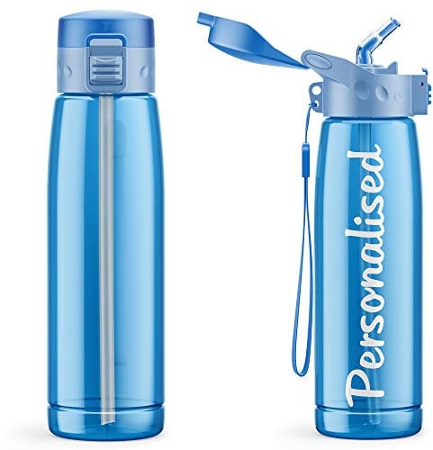 Purple Print House Personalised Water Bottle With Straw - 660ml - School Water Bottles - Gym Bottle - Bpa Free - Cycling Sports - Add Your Custom Name To Bottled Water (Blue)
