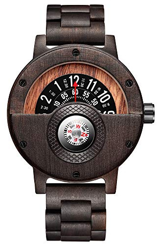 GORBEN, orologio da uomo con bussola, girevole, in legno naturale, con cinturino in pelle bovina, realizzato a mano, al quarzo, modello sportivo, con scatolo