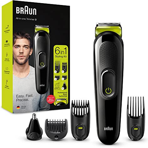 Braun 3 All-in-One 6-in-1 Electric Beard Trimmer for Men, Beard, Hair and Face Trimmer with Unworn Sharp Blades, Ear and Nose Trimmer, 5 Accessories, Black/Green, MGK3221