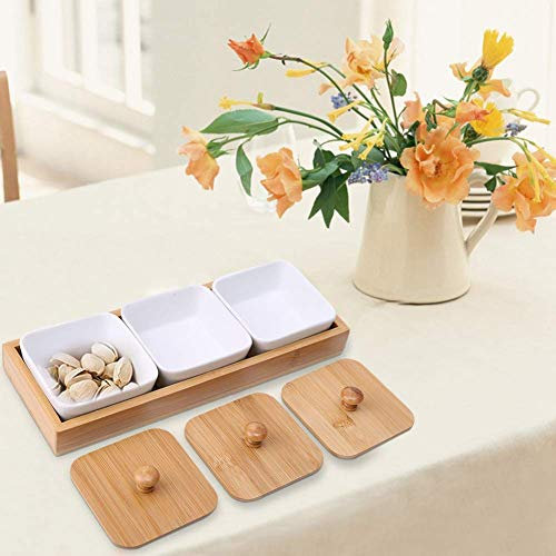 Plateau de Service Apéritif, Set Apéritif 3 Coupelles Carrées en Porcelaine Coupelle Aperitif Céramique avec Couvercle de Plateau en Bambou pour Apéritif, Condiments, Collations, Noix et Bonbons