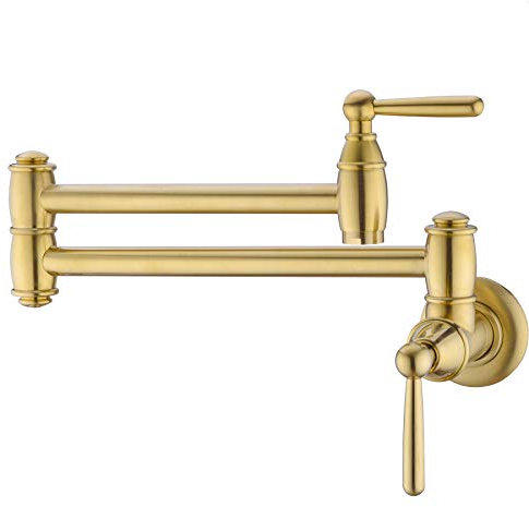 Avola Wall Mount Pot Filler Faucet, Brass Gold Pot Filler, Resist Fingerprint, Folding Stretchable Double Joint Swing Arm Kitchen Faucet