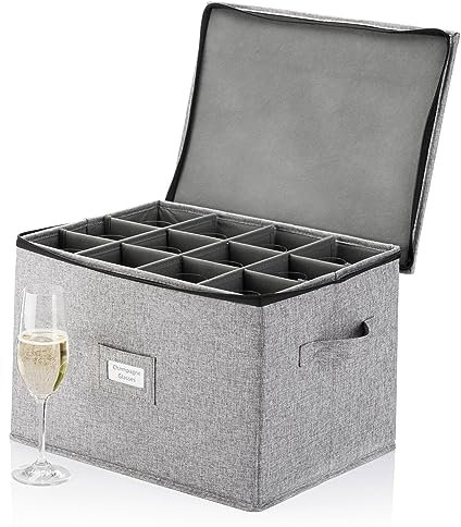 Champagne Flute Storage Box - Hard Shell China Storage Holds 12 Stemware Glasses - Protects Flutes, Crystal Glass, Wine Glasses and Fine China - Stackable - Fully Padded Inside