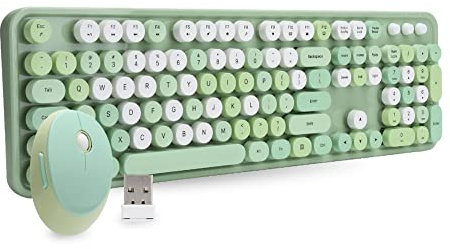 Set Combinato Tastiera e Mouse Wireless da 2,4 Ghz, QWERTY 104 Tasti Rotondi Tastiera per Computer Retrò Colorata e Carina, Tastiera per Macchina da Scrivere per PC Laptop Ecc(verde)