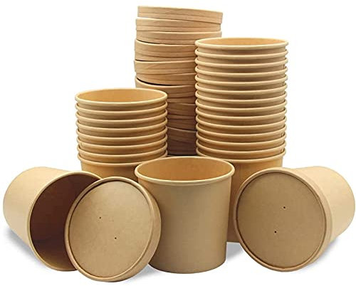 Bio Gobelets En Papier Gobelets Aliments Kraft, Saladier Bio Vaisselle Bols à Soupe, Parfait pour La Crème Glacée, La Soupe,Déjeuner à Emporter avec Revêtement Pla Et Trous Vapeur (lot De 250),12oz