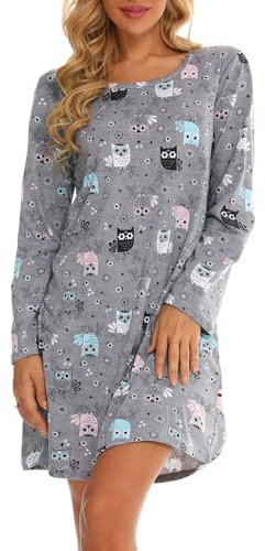MIA LUCCE Chemise de nuit à manches longues pour femme – Chemise de nuit mignonne à imprimé dessin animé – Vêtement de nuit doux pour le salon, Chouette grise., L
