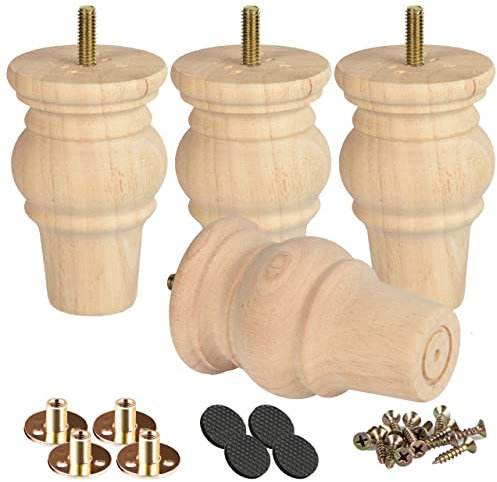 Btowin 10cm Holz Möbelfüße, 4 Stück Unfinished Round Spindel Massivholz Tischbeine Kugelfüße mit M8 Bolzen & Montageplatten & Schrauben für Sofa Couch Stuhl Ottomane Schrank Liebessitz
