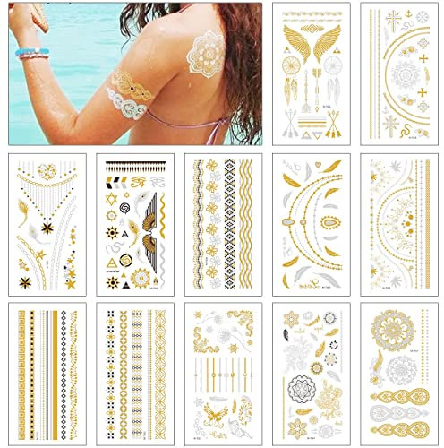 12 Blätter 120+ Metallic temporäre Tattoos, Flash Tattoos Tribal Feder Wasserdicht Tattoo, Wasserdicht zigeuner schmuck klebe tattoos für Frauen Mädchen Body Art