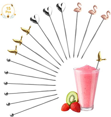15 PCS Cocktailspieße Edelstahl Cocktail Picks Obst-Sticks Bunte Vorspeise Trinken Sticks Metall Stirrer Edelstahl Martini Picks Wiederverwendbare Mehrfarbige Früchte Zahnstocher ca.10cm (4 Stile)