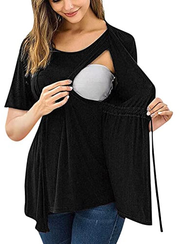 Chaconka T-Shirt Maternité Allaitement Manche Longue Femme Enceinte Haut Grossesse Double Couche Allaitement Maternel Chemise Col Rond Pyjama de Maternité Allaitement (Z-Noir-Manche Courte, M)