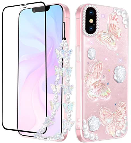 Goocrux (3in1) Case for Apple iPhone Xs Max 3D Butterfly Clear with Design Aesthetic for Women Teen Girls Glitter Pretty Crystal Sparkle Sparkly Cute Girly Phone Cases+Chain+Screen Protector-6.5 inch