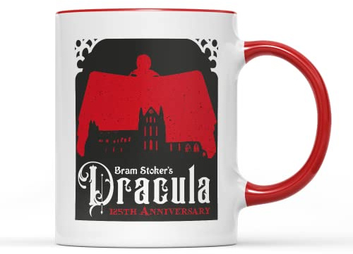 WillowGifts Silhouette Dracula-Tasse, Tee- und Kaffeetasse, Bram Stoker zum 125. Jahrestag, Gothic, Horror, Roman, Fiction, Gothic, Vampir, Siebenbürgen, Whitby, Geschenk (rote Griffe)