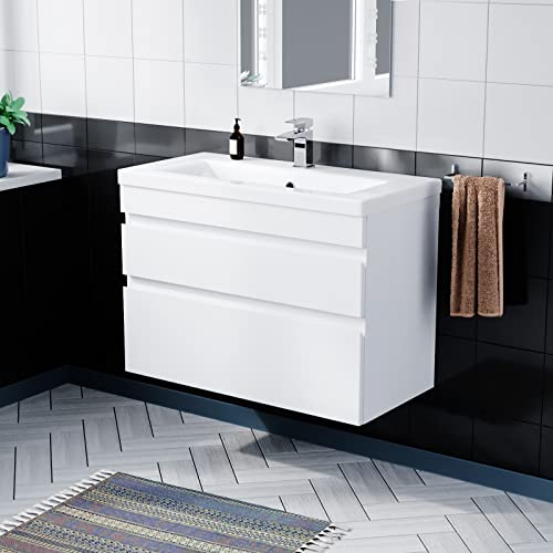 Nes Home 500/600/800 mm 2 Drawer White or Light Grey Wall Hung Vanity Cabinet and Basin Sink Unit (White, 800 mm)