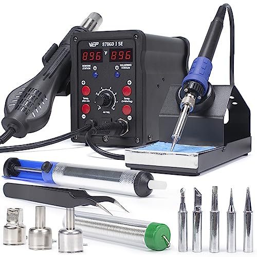 WEP 8786D-I SE 2 in 1 Hot Air Soldering Iron Station Kit for Rework, Desoldering with Lead Free Soldering Wire, 5 Soldering Tips, 3 Hot Air Nozzles, Tweezers, Desoldering Pump