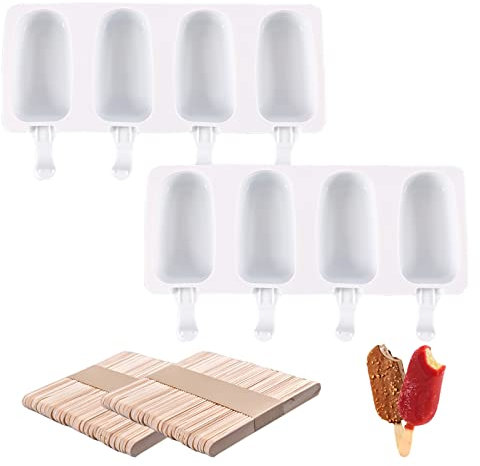 Lot de 2 moules ovales à 4 cavités, Moule Magnum Cake, en silicone réutilisables pour crème glacée maison, Yaourt (100 Bâtonnets en Bois)