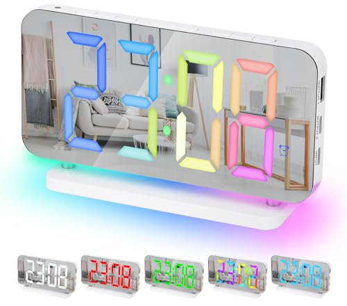 Sukeen Wecker Digital, 7,4 Digitaler Wecker, Digital Uhr Spiegelwecker mit 11 Farben Digitalanzeige, 10 Modi RGB-Nachtlicht, USB-C-Ladeanschluss, Helligkeit, Led Uhr Digital für Nachttisch-Weiß
