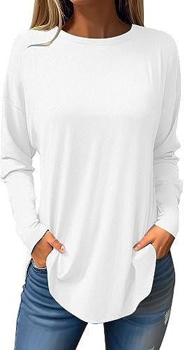 Meine Bestellungen Anzeigen Langarmshirt Damen Elegant Crew Neck Langarm Oversize Pullover Damen Frühling Fashion Tunika Damen Herbst Große Größen Long Sleeve Shirt Women weiß M