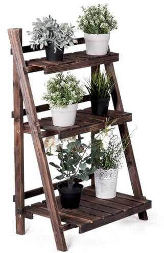 GOPLUS Soporte para Plantas de Madera, Estantería para Plantas de Abeto, Escalera Plegable para Flores de 3 Niveles, para Jardín, Balcón, Salón, Interior y Exterior, Marrón
