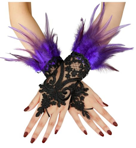 keland Feder Handschuhe Halloween Spitzenhandschuhe Federhandschuhe Maleficent Kostüm Damen (Lila)